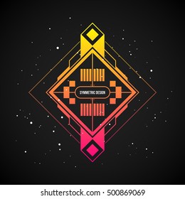 Futuristic design element in 80s style with colorful gradient on dark background. Useful as poster or print.