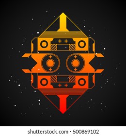Futuristic design element in 80s style with colorful gradient on dark background. Useful as poster or print.