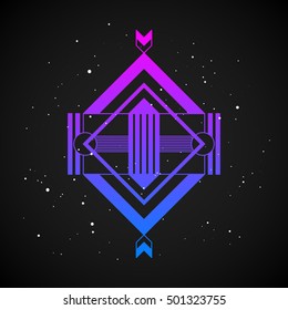 Futuristic design element in 80s style with colorful gradient on dark background. Useful as poster or print.