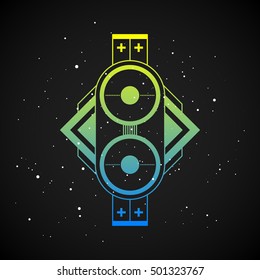 Futuristic design element in 80s style with colorful gradient on dark background. Useful as poster or print.