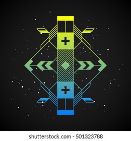 Futuristic design element in 80s style with colorful gradient on dark background. Useful as poster or print.