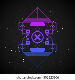 Futuristic design element in 80s style with colorful gradient on dark background. Useful as poster or print.