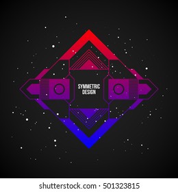 Futuristic design element in 80s style with colorful gradient on dark background. Useful as poster or print.