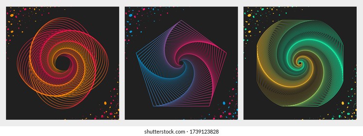 Futuristischer Design Element Trend. Spirale geometrische Formen, isoliert auf schwarzem Hintergrund. Satz abstrakter Tunnelformen mit Farbverlauf.