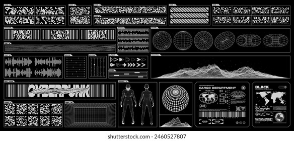 Futuristic design elements. 3D wireframe shapes, cyberpunk windows, barcode and QR-code, high and low poly human. Vector blanks sticker for a poster, banner
