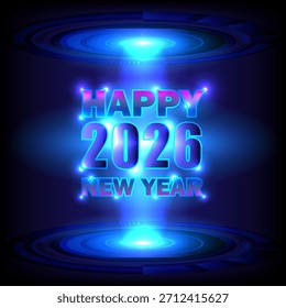 Design futurista com "FELIZ 2026 ANO NOVO" brilhando com luz neon azul e magenta. Defina entre dois anéis holográficos brilhantes abstratos, criando um efeito de portal dinâmico em um fundo escuro.