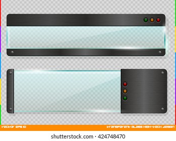Futuristic design glass horizontal banner set. Cyber technology High-tech information screen. Tech panel with black brushed metal element. Vector digital web banner on transparent background