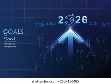 A Futuristic design with glowing arrows pointing upward, symbolizing progress and goals for 2026, set against gradient blue background with timeline from 2024 Business AI technology digital network