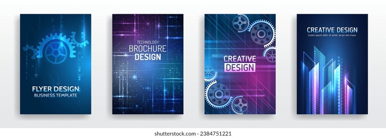 Futuristic design for medical, scientific, computer flyers, brochures, and webinar pages. High-tech corporate document cover design. Blue set of hi-tech covers for presentation and marketing.