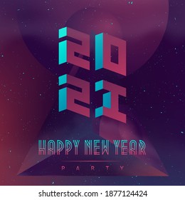 Futuristic design poster with abstract elements in dark space. Happy New Year 2021. Applicable for covers, placards, music posters and dj flyers. Illustration on the space theme.
