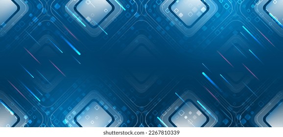 Futuristic design for presentation. Hi-tech computer digital technology concept. Wide Blue background with various technological elements. Abstract technology communication, vector illustration. 