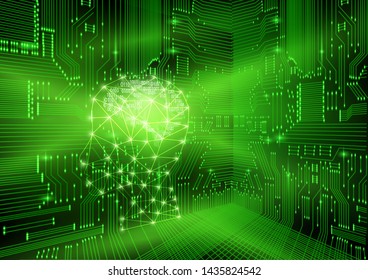 Futuristic design of a robotic artificial intelligence brain with green circuit board is on learning process and solving problem. Abstract digital and technology background. Vector Illustration.