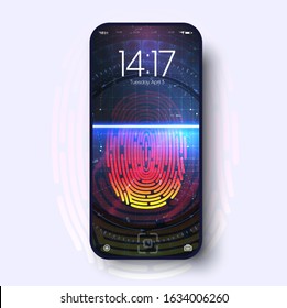 Futuristic design the Smartphone with fingerprint app on screen the concept is access to smart phone by fingerprint. Finger scanning screen. Flat UI. Phone display with fingerprint in hud style.