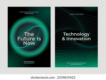 Futuristic design with technology. Features abstract green swirls. Emphasizes innovation and future. Ideal for tech and innovation promotions. Environmental technology, green poster template vector.