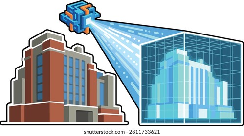 A futuristic device projects a digital twin of a modern building showing advanced technology in urban planning