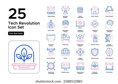 Futuristic Devices and Advanced Technology. AI Robots, Holograms, and Virtual Interfaces. Vector Illustration. Oultine duo tone icon set