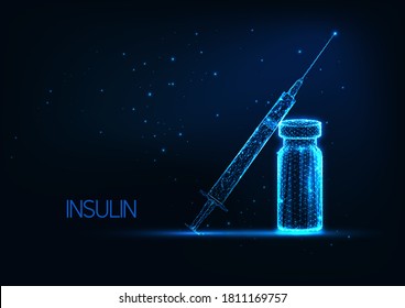 Futuristic diabetes treatment with insulin concept with glowing low polygonal vial and syringe with medicament on dark blue background. Modern wireframe mesh design vector illustration.