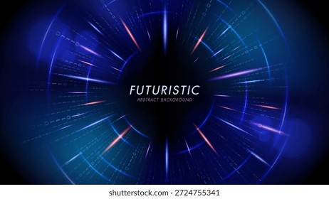 Fondo abstracto digital futurista con túnel de código binario brillante y rayos de luz azul dinámico.