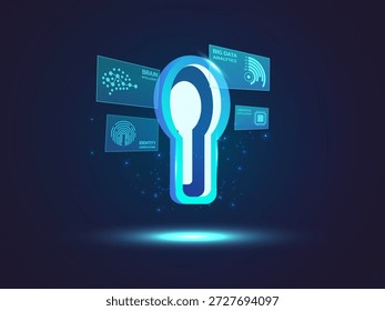 Tecla de acceso digital futurista que flota sobre el tablero de visualización de datos holográficos de alta tecnología, interfaz de seguridad cibernética con un concepto de diseño de Ilustración vectorial brillante.