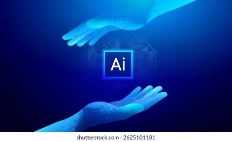 Futuristic digital ai hand holding AI microchip with circuit board connections, artificial intelligence and machine learning, blue technology background