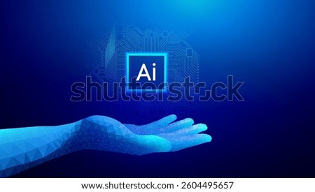 Futuristic digital ai hand holding AI microchip with circuit board connections, artificial intelligence and machine learning. Ppt webinar presentation bg for banner template.