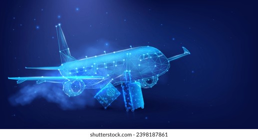 Concepto de avión digital futurista con equipaje y pasaporte en una red de conectividad. Un avión, una nube, un pasaporte azul, equipaje o equipaje en un fondo azul.