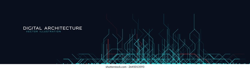 Fondo De Arquitectura Digital Futurista Con Líneas Brillantes Y Rejilla De Circuito Abstractas En Superficie De Tecnología Oscura. Concepto De Complejidad De Red Y Diseño De Lógica De Máquina. Ilustración vectorial.