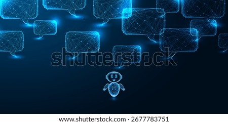 Futuristic digital assistant with glowing polygonal chatbot surrounded by speech bubbles. Represents AI communication, human-AI interaction, and conversational interfaces. Vector illustration 