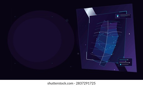 Futuristic digital augmented reality interface with biometric mesh geometry and spacious copy area. Electric Blue, Iris and Silver color theme.