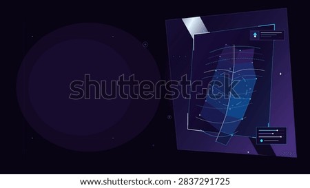 Futuristic digital augmented reality interface with biometric mesh geometry and spacious copy area. Electric Blue, Iris and Silver color theme.