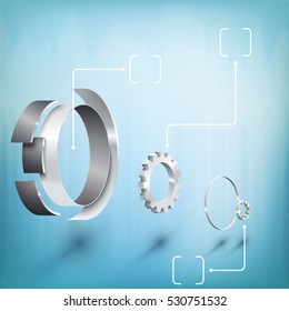 Futuristic digital background. 3D gear wheels with elements. Hi-tech concept. Vector illustration