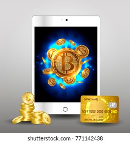 Futuristic digital background with bitcoin to tablet . The concept of a technological network.