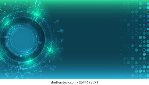 Futuristic digital background with circular technological scheme, arrows and light effects. Ideal for presentations, IT banner design and digital interfaces.