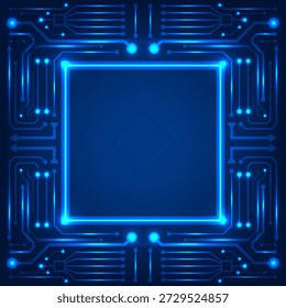 fundo digital futurista apresenta placa de circuito azul neon brilhante com uma moldura quadrada, engenharia de alta tecnologia e conceitos de segurança cibernética na indústria de dados moderna