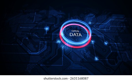 futuristic digital background featuring a glowing Open Data circle over a world map with circuit patterns and data nodes, symbolizing global data connectivity.vector eps10