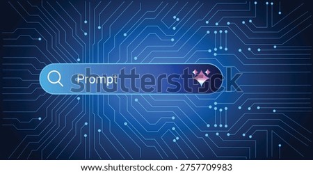A futuristic digital background featuring a glowing search bar with a sparkle icon, set against a complex blue circuit board pattern representing AI.