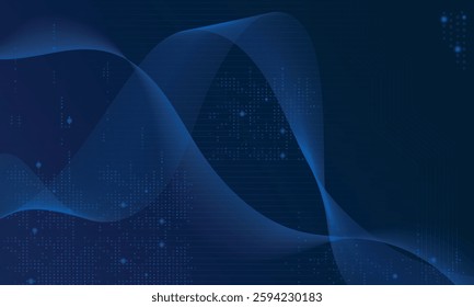 A futuristic digital background with flowing blue wave patterns, abstract data points, and a technology-inspired design.