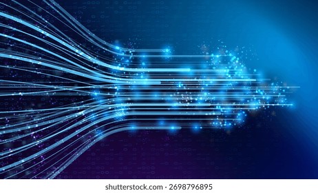 Futuristic digital background with flowing data lines, binary code and glowing particles. Tech concept for AI, networking, internet speed, innovation and cyber technology.