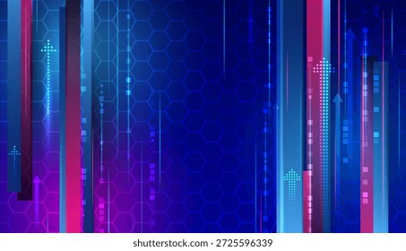 Futuristic digital background with glowing arrows, neon lines and hexagon pattern in blue and purple tones, symbolizing technology, innovation, progress and data growth.