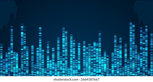Fundo digital futurista com barras de ondas sonoras azuis brilhantes formando um efeito de horizonte, ideal para música, tecnologia ou temas visuais de dados.
