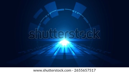 Futuristic digital background with glowing blue light, abstract shapes, and lines creating a sense of depth and technological advancement.