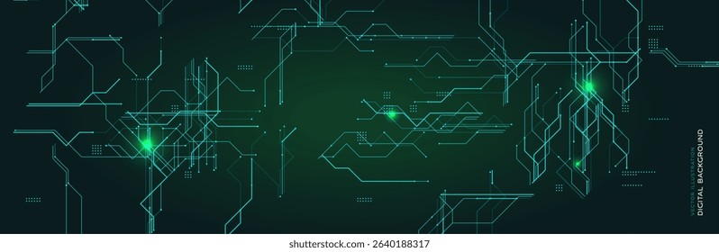 Futuristic digital background with glowing lines and circuit elements. Ideal for technology, data, and cybersecurity themes. Hightech style with green light abstract design. Vector illustration