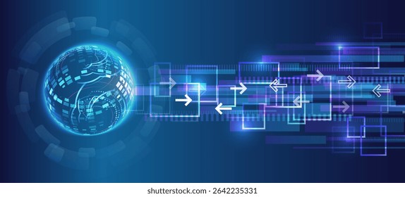 Futuristic digital background with glowing sphere, pixel lines and directional arrows. Concept of data exchange, network technologies and information flow. Ideal for presentations and IT design.