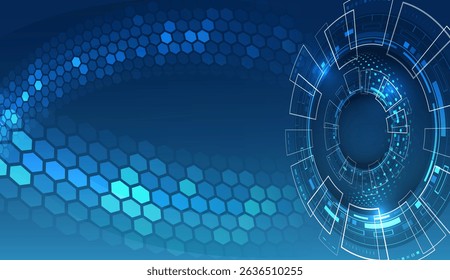 Futuristic digital background with hexagonal mesh circle pattern. Concept of high technology, innovation and digital connections in science fiction style. For high-tech presentation and banner.
