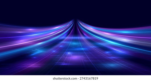 Futuristic digital background with high speed neon light trails over a glowing network grid. Concept of data flow, connectivity and technological innovation. Vector EPS10.