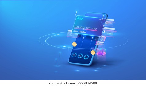 Futuristic Digital Banking Interface with Credit Cards and Secure Transactions. Online banking, login, protection, The concept of a smart wallet an application for payment by credit and debit card.