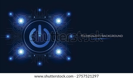 Futuristic digital Big Data glowing button with on off power switch with rhythmic neon lights, framed by an elaborate technological circuit. The essence of innovation and a futuristic aesthetic merges organic planetary forms with high-tech circuitry. Ideal for fintech funds, engineering projects, AI-powered financial interfaces, technology promotions, and cutting-edge business presentations. Dynamic lighting effects and electric blue tones convey energy, growth, and digital transformation, making it versatile for websites, apps, videos, and marketing materials in the fintech sector.