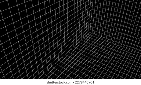 Futuristic digital black grid box background. Wireframe room network abstract technology line with effect of illusion. Vector illustration.