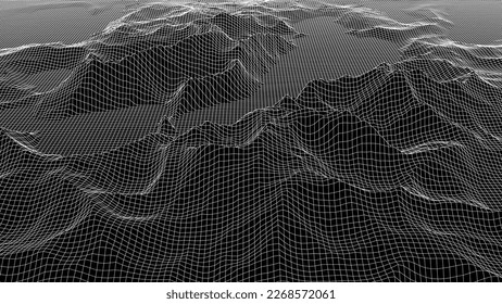 Futurista telaraña digital de neón negro de fondo. Resumen de montaña retro fondo. Gran visualización de datos. Para diseño de sitios web y banners. Ilustración vectorial.