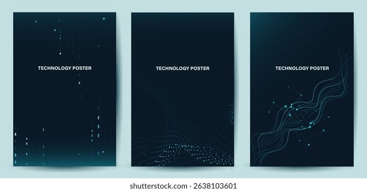 Futuristic digital blue line technology poster set, glowing lines innovation and connection network background for tech event poster or presentation product business